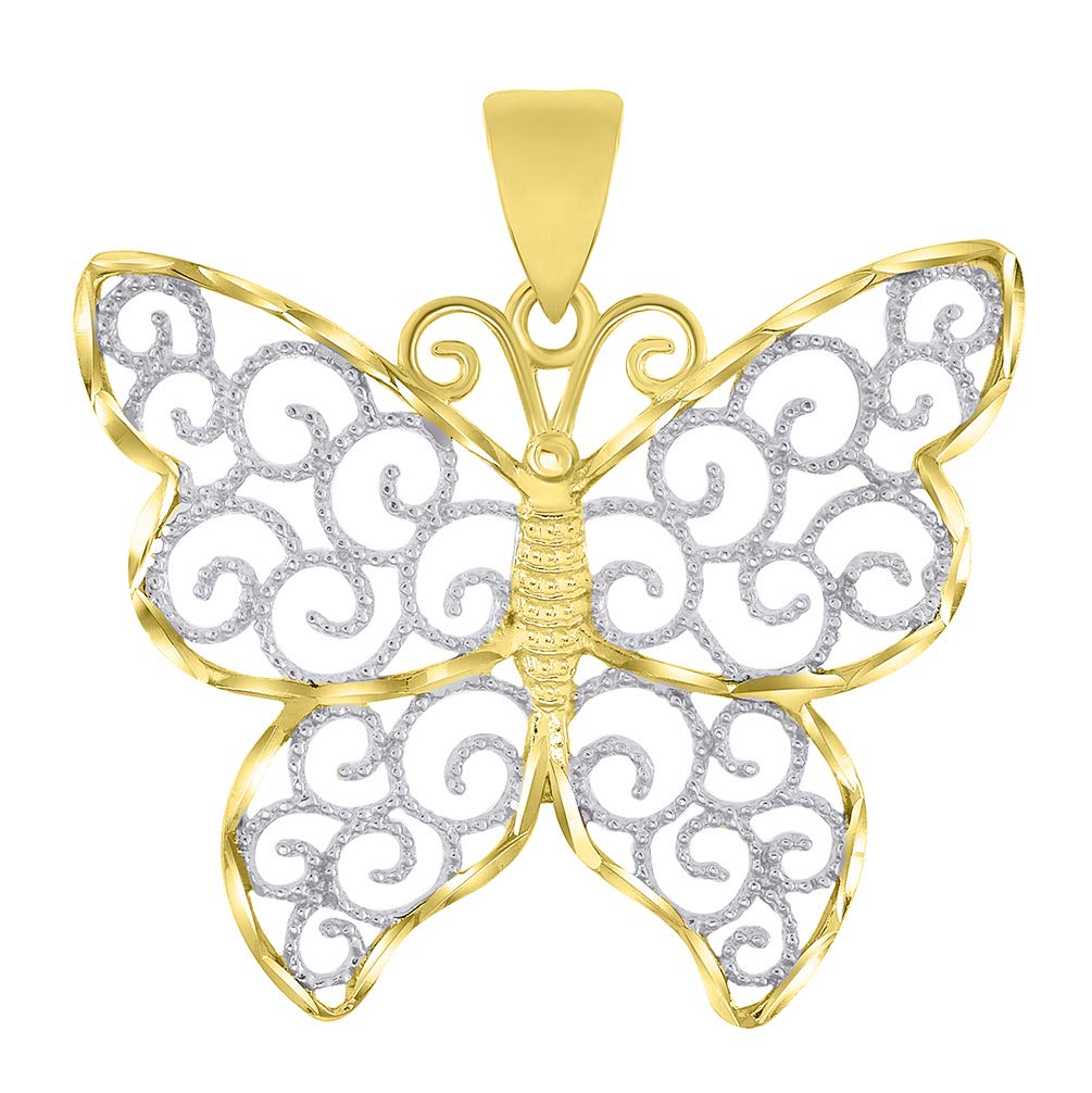 14k Yellow Gold Open Filigree Two-Tone Filigree Butterfly Pendant
