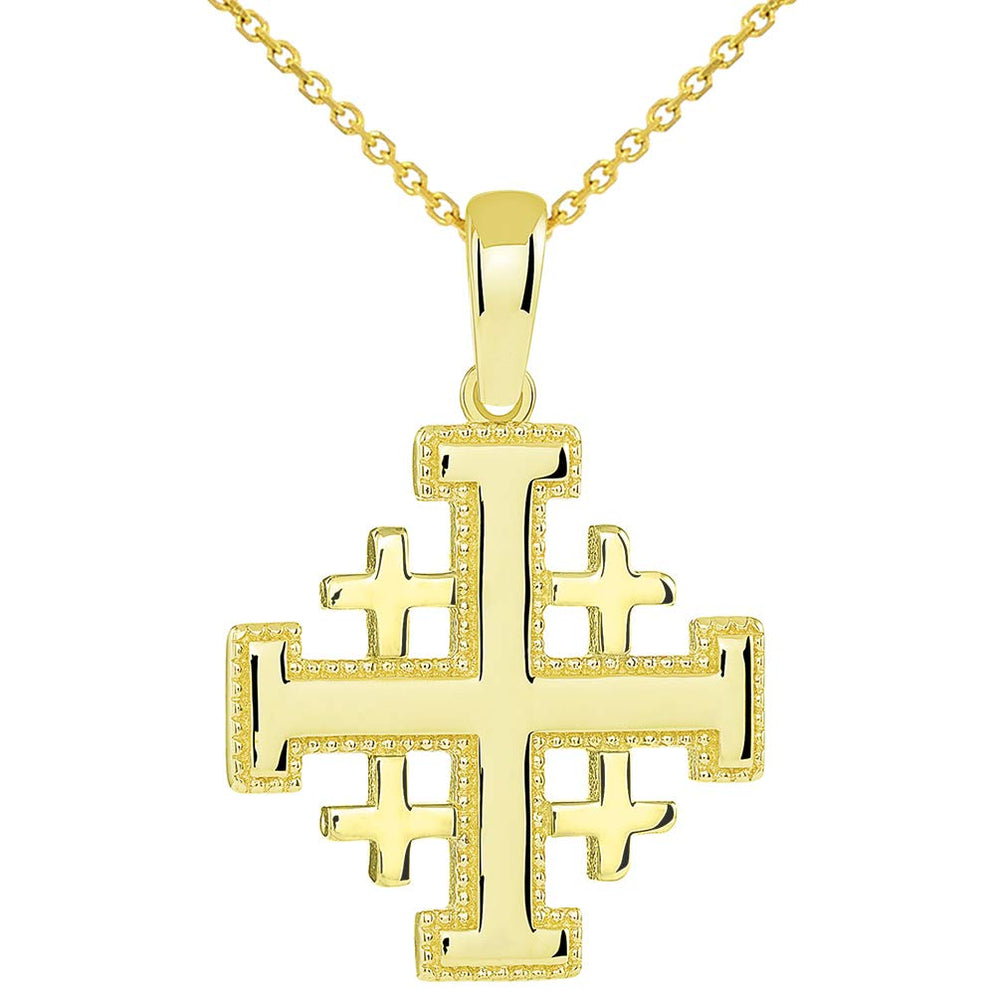 14k Yellow Gold Religious Crusaders Jerusalem Cross Pendant Necklace