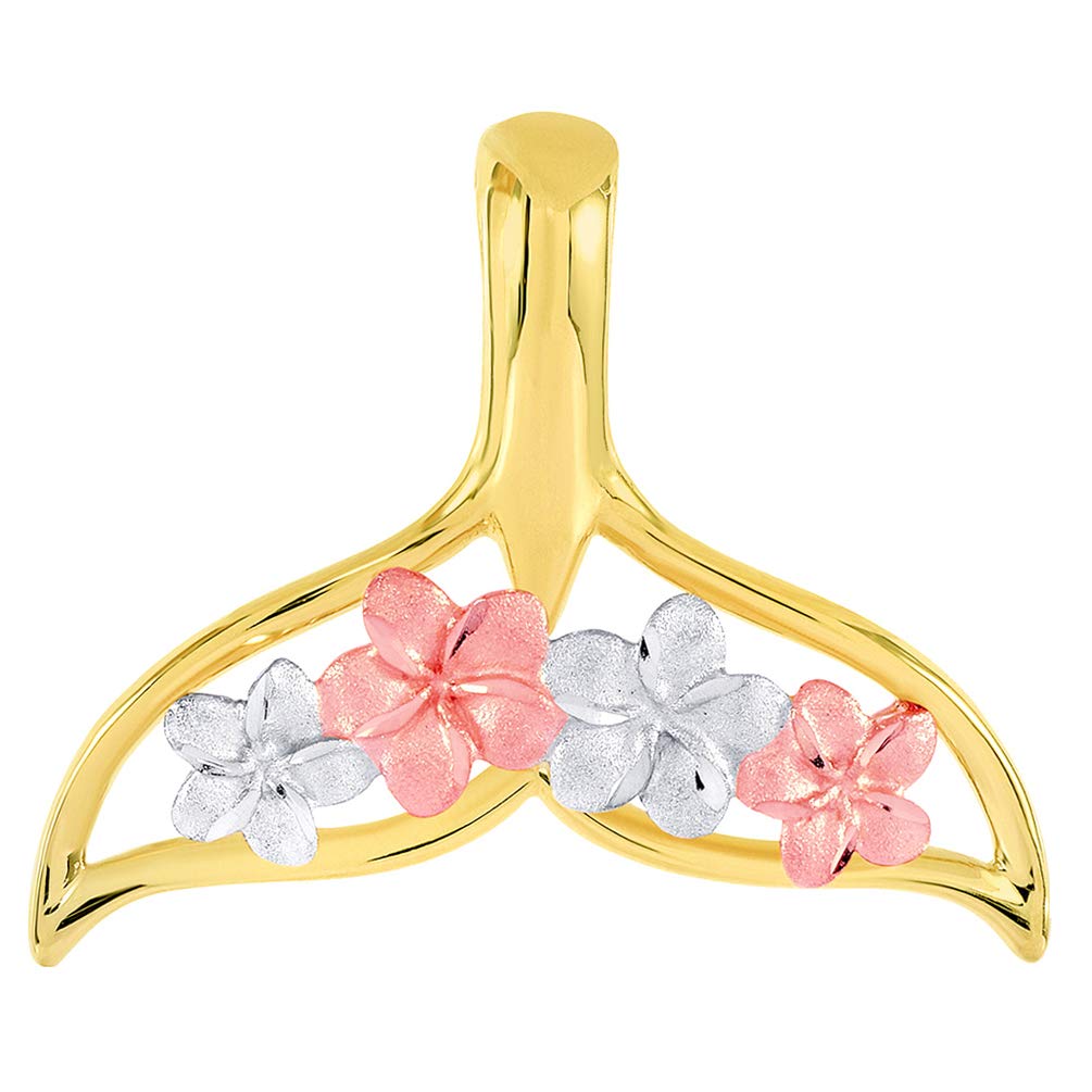14k Yellow and Rose Gold Open Tri-Tone Whale Tail with Hawaiian Plumeria Flower Pendant