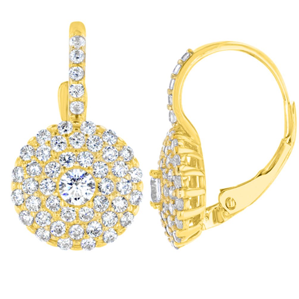 14K Gold Round Pave CZ Studded Dangling Drop Earrings - Yellow Gold