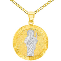 Load image into Gallery viewer, Solid 14K Yellow Gold Round St. Jude Thaddeus Medallion Pray For Us Pendant with Figaro Chain Necklace
