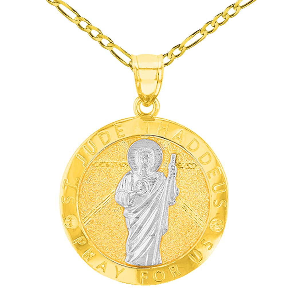 Solid 14K Yellow Gold Round St. Jude Thaddeus Medallion Pray For Us Pendant with Figaro Chain Necklace