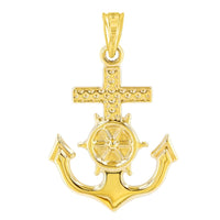 Load image into Gallery viewer, Polished 14K Yellow Gold Anchor Charm with Mariner&#39;s Cross Nautical Pendant Figaro Necklace
