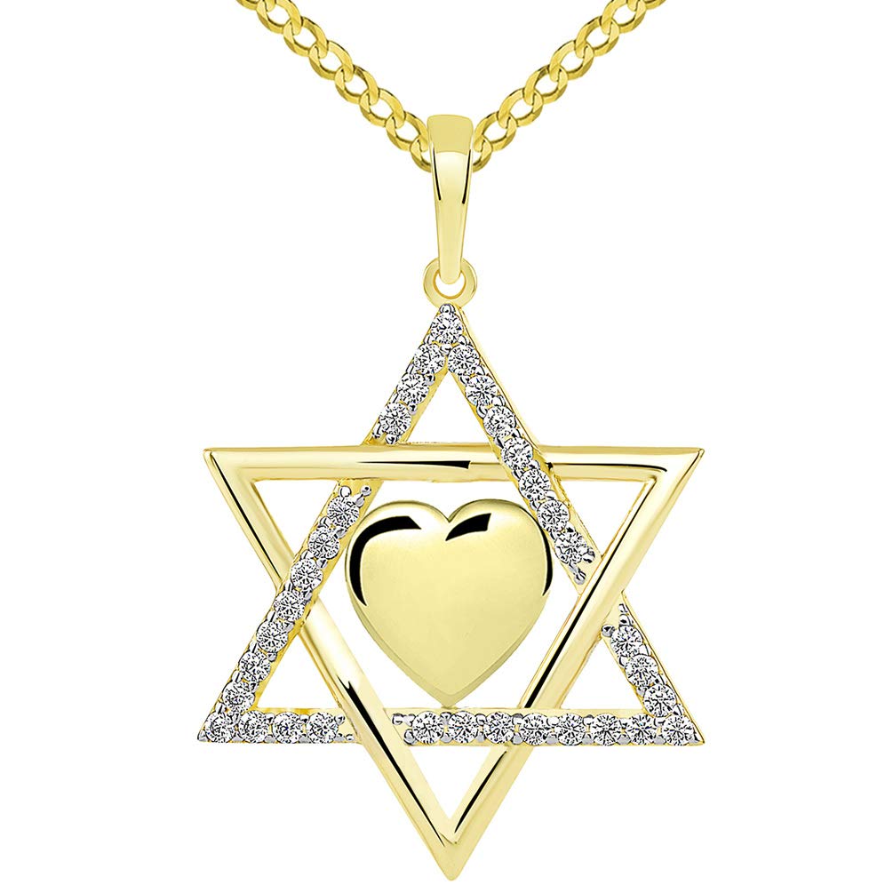 14k Yellow Gold Jewish Love CZ Star of David with Heart Pendant Cuban Necklace