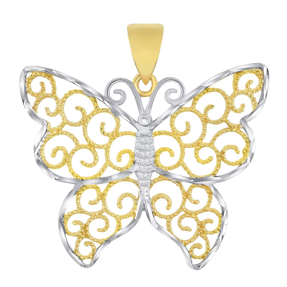 14k Gold Open Filigree Two-Tone Filigree Butterfly Pendant - Yellow Gold