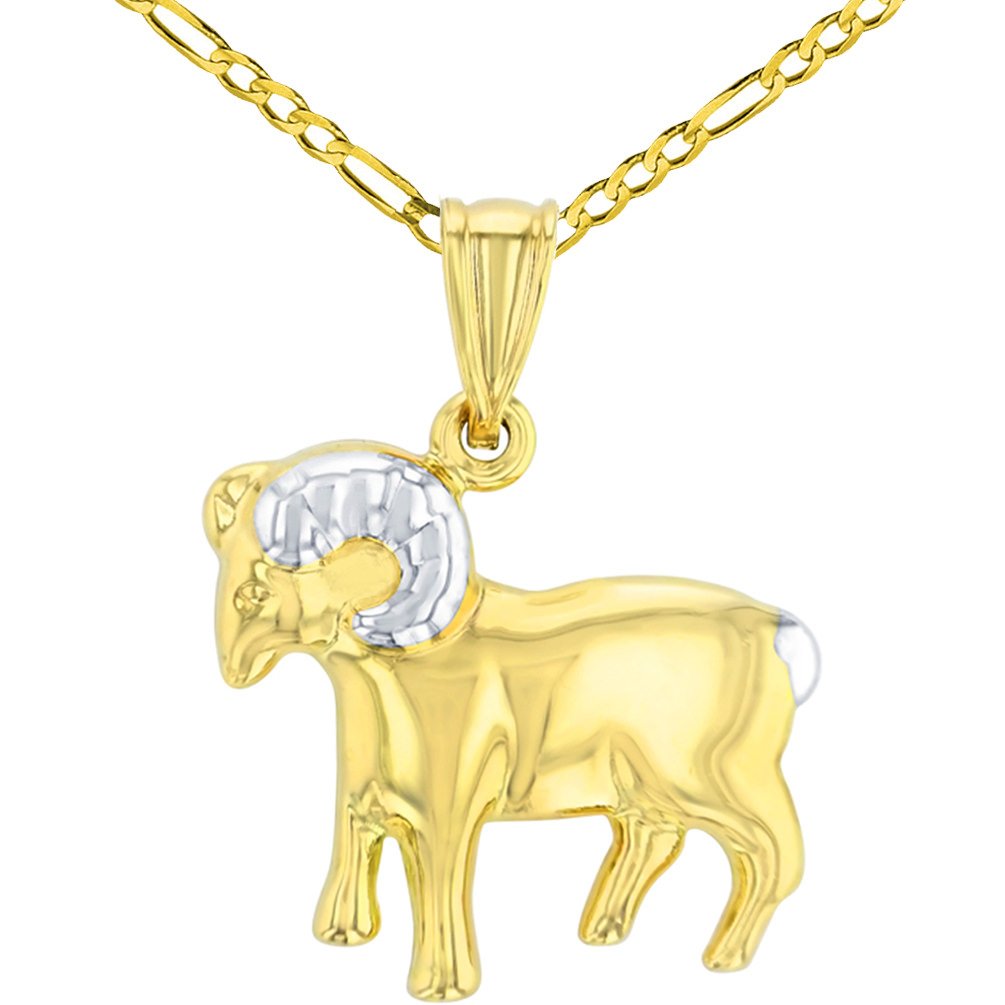 High Polish 14K Yellow Gold Aries Zodiac Sign Pendant Ram Charm Figaro Chain Necklace