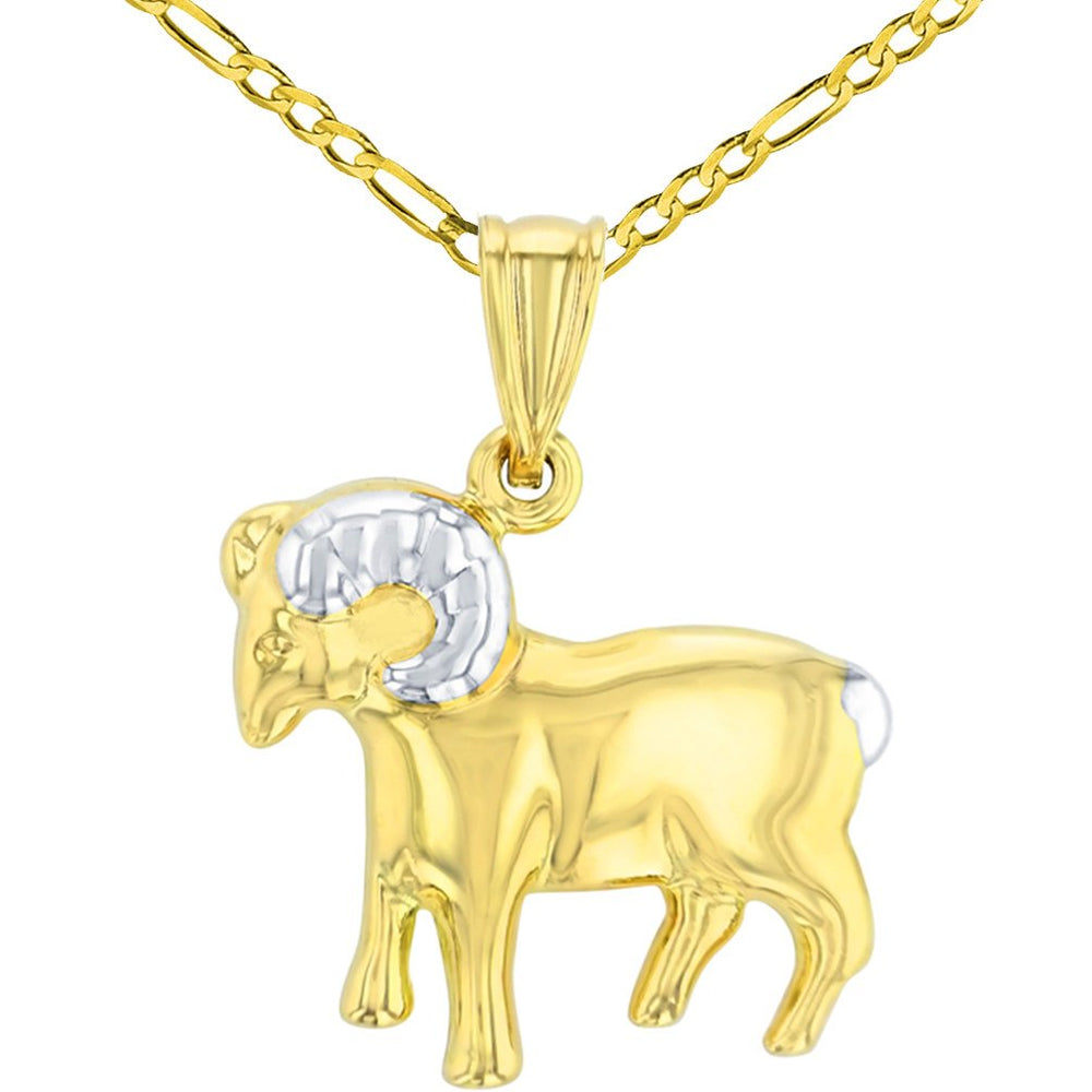 High Polish 14K Gold Aries Zodiac Sign Pendant Ram Charm Figaro Chain Necklace - Yellow Gold