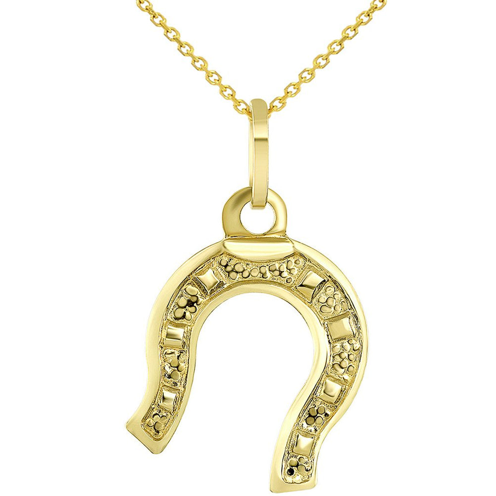 Solid 14K Yellow Gold Lucky Horseshoe Charm Good Luck Pendant Necklace