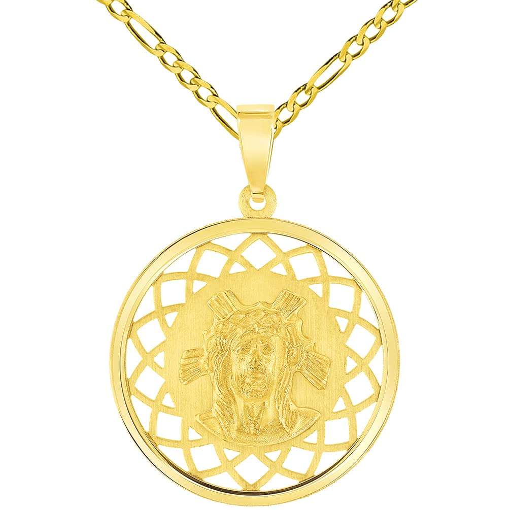 14k Yellow Gold Holy Face of Jesus Christ On Round Open Ornate Miraculous Medal Pendant with Figaro Chain Necklace