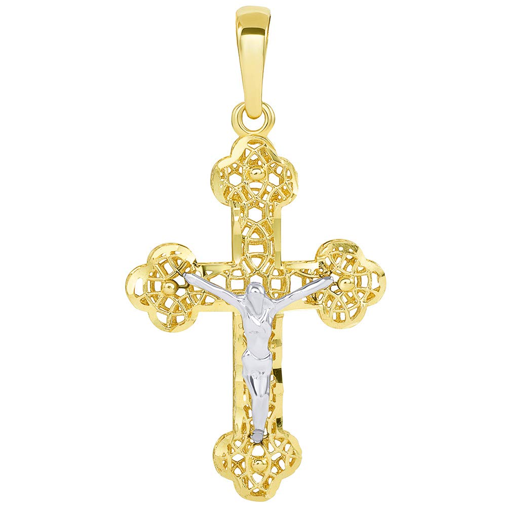 14k Two Tone Gold Textured Filigree Eastern Orthodox Cross 3D Jesus Crucifix Pendant