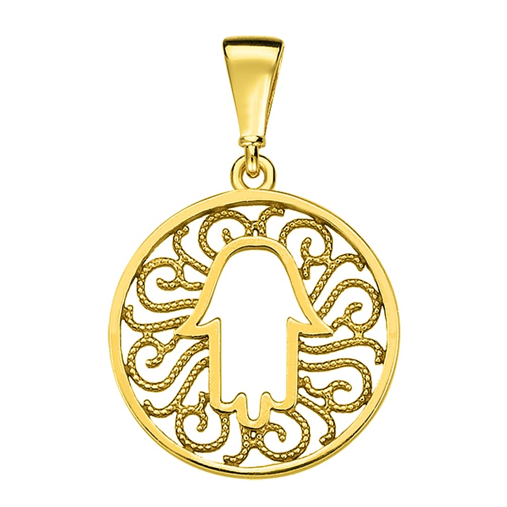 14k Yellow Gold Round Filigree Hamsa Hand of Fatima Pendant