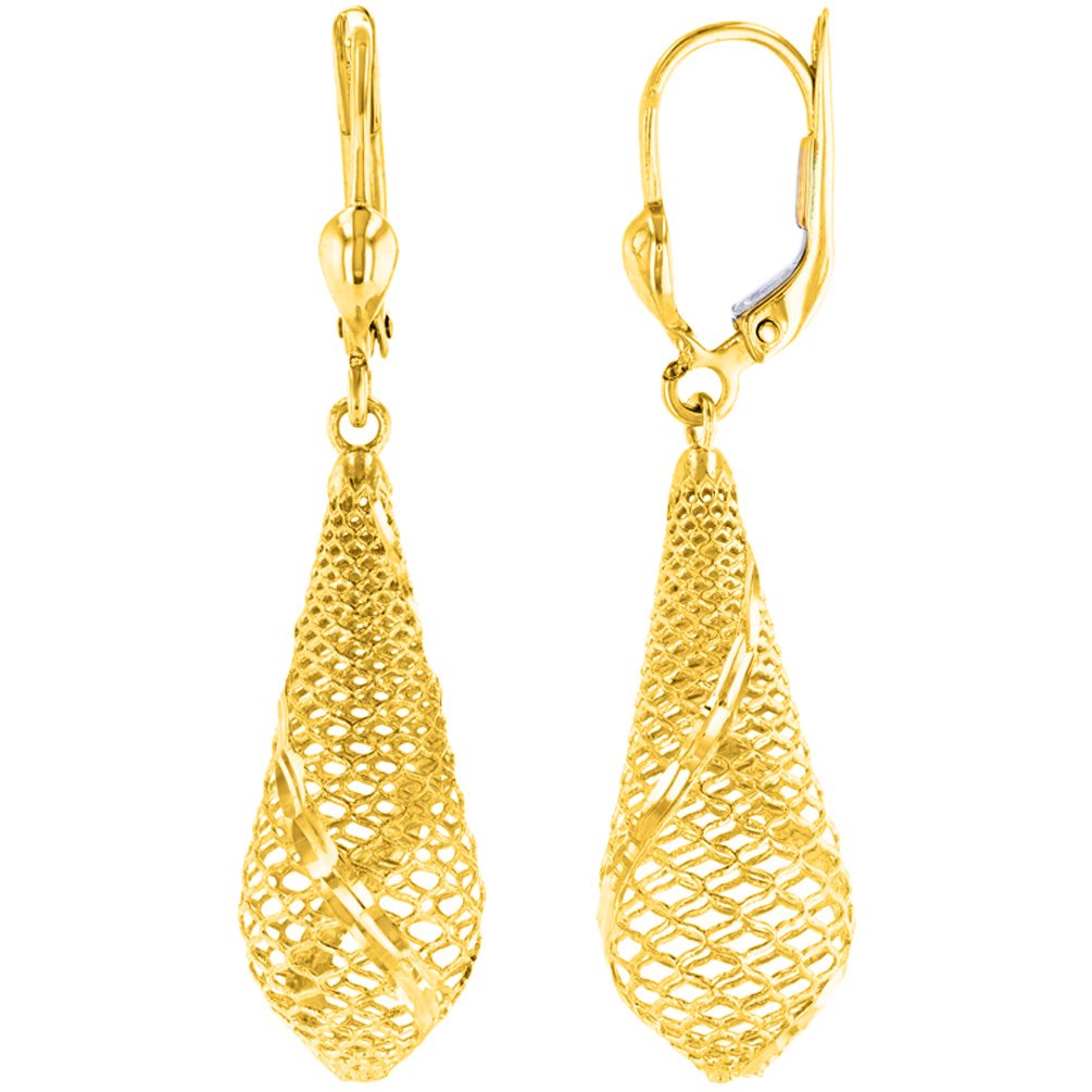 14k Yellow Gold Textured Teardrop Dangle Drop Earrings