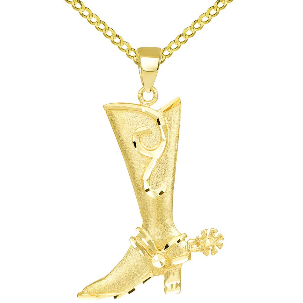 Textured 14k Gold Double Sided Cowboy Riding Boot with Spur Pendant Cuban Necklace - Yellow Gold