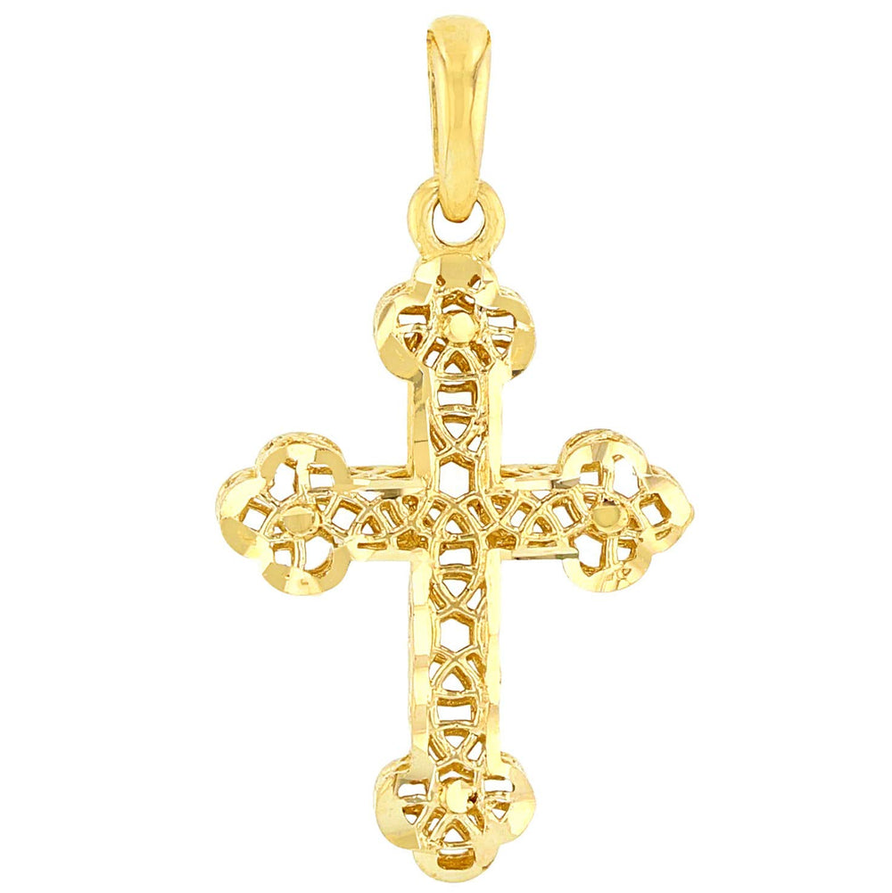 14k Yellow Gold Textured Filigree Christian Orthodox Cross Charm Pendant