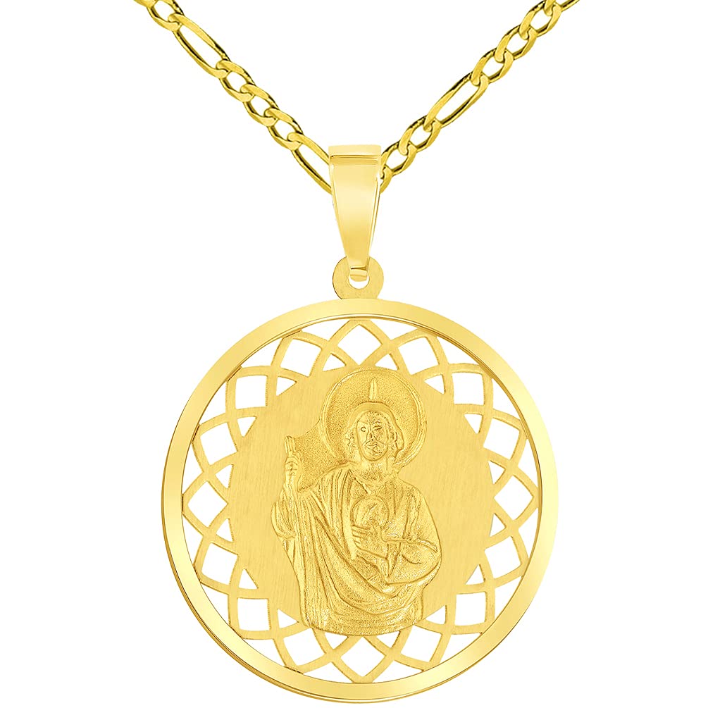 14k Yellow Gold Round Open Ornate Miraculous Medal of Saint Jude Thaddeus the Apostle Pendant Figaro Chain Necklace
