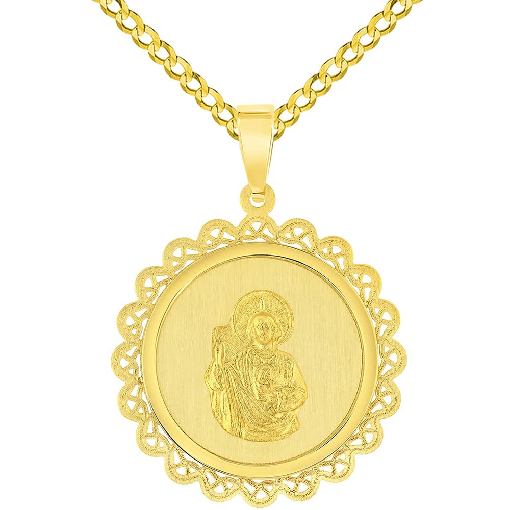 14k Yellow Gold Round Ornate Miraculous Medal of Saint Jude Thaddeus the Apostle Pendant with Cuban Chain Curb Necklace