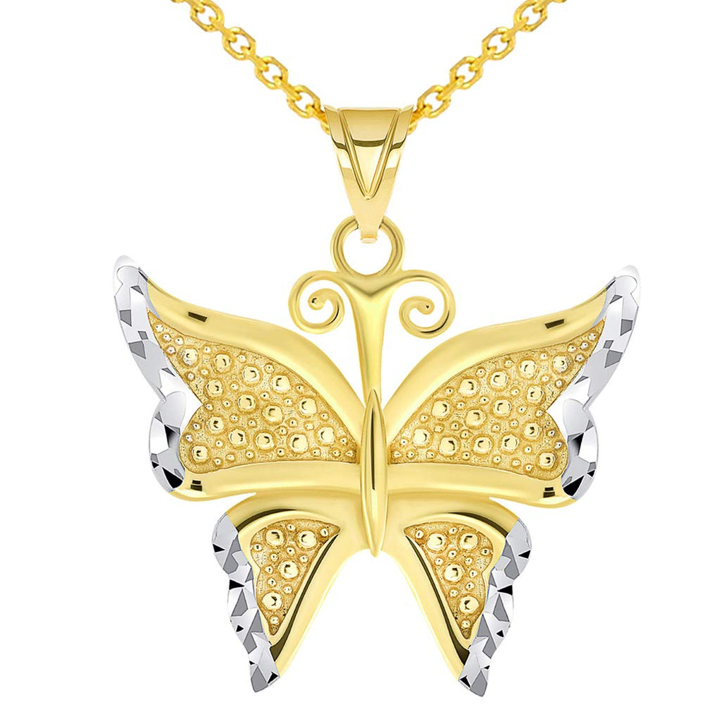 14k Yellow Gold Polished and Textured Two-Tone Butterfly Pendant Necklace