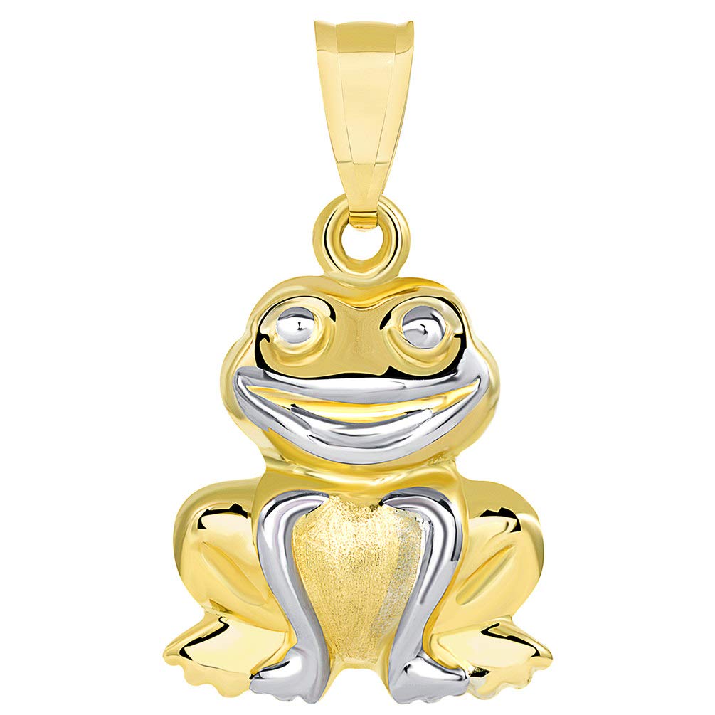 14k Yellow Gold Well Detailed Two Tone 3D Smiling Frog Sitting Pendant