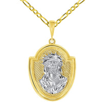 Load image into Gallery viewer, 14k Yellow Gold Crown of Thorns Jesus Christ Medallion Scripted God Bless Us Pendant with Figaro Chain Necklace
