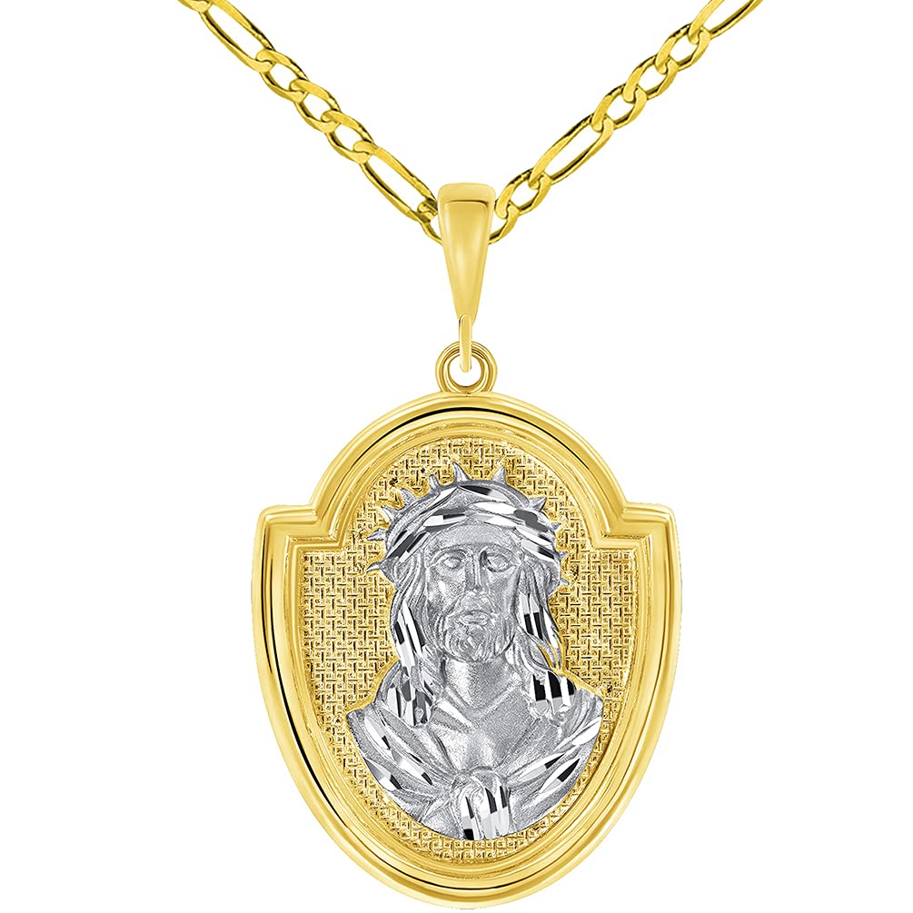 14k Yellow Gold Crown of Thorns Jesus Christ Medallion Scripted God Bless Us Pendant with Figaro Chain Necklace