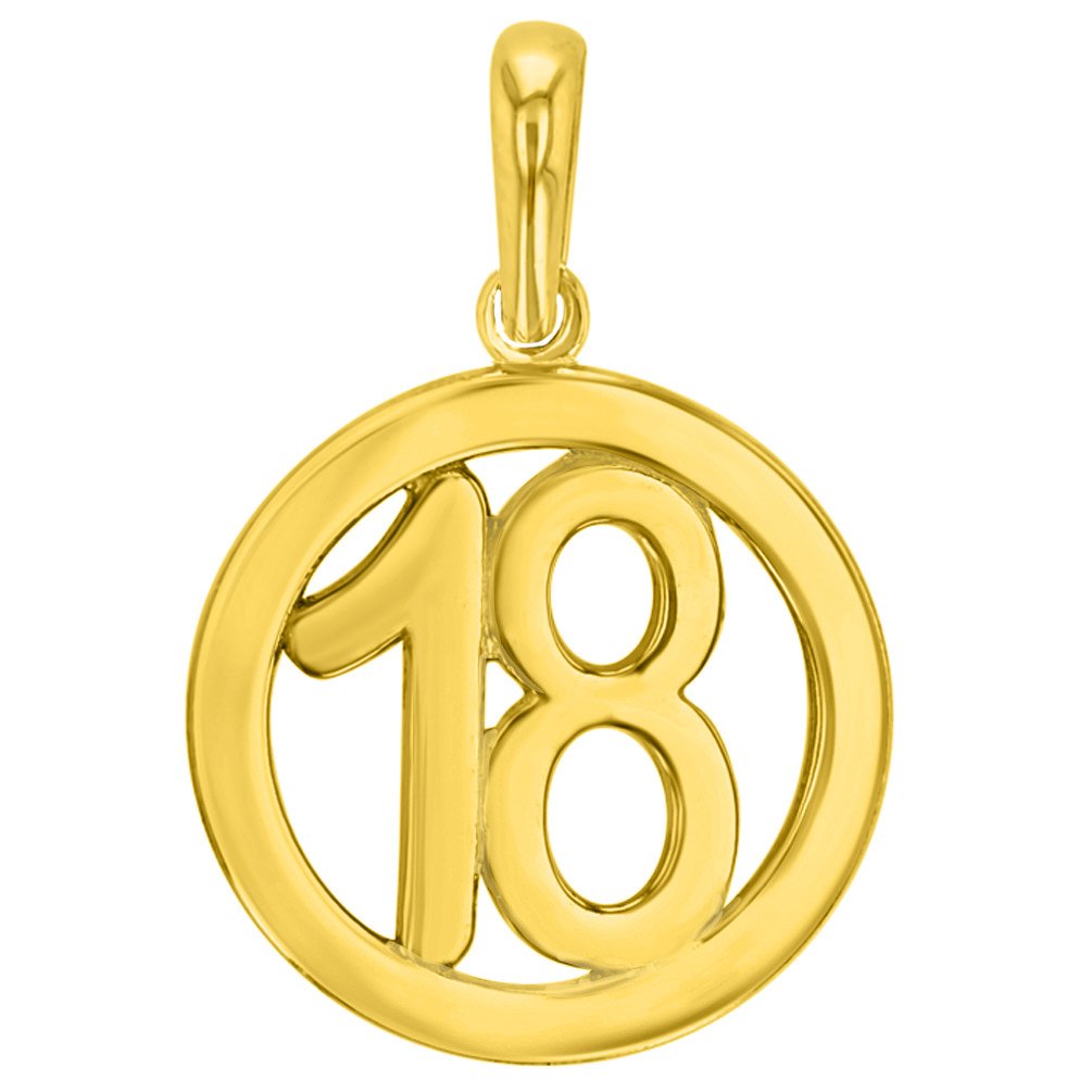 Solid 14K Yellow Gold Round Number Eighteen Charm Pendant