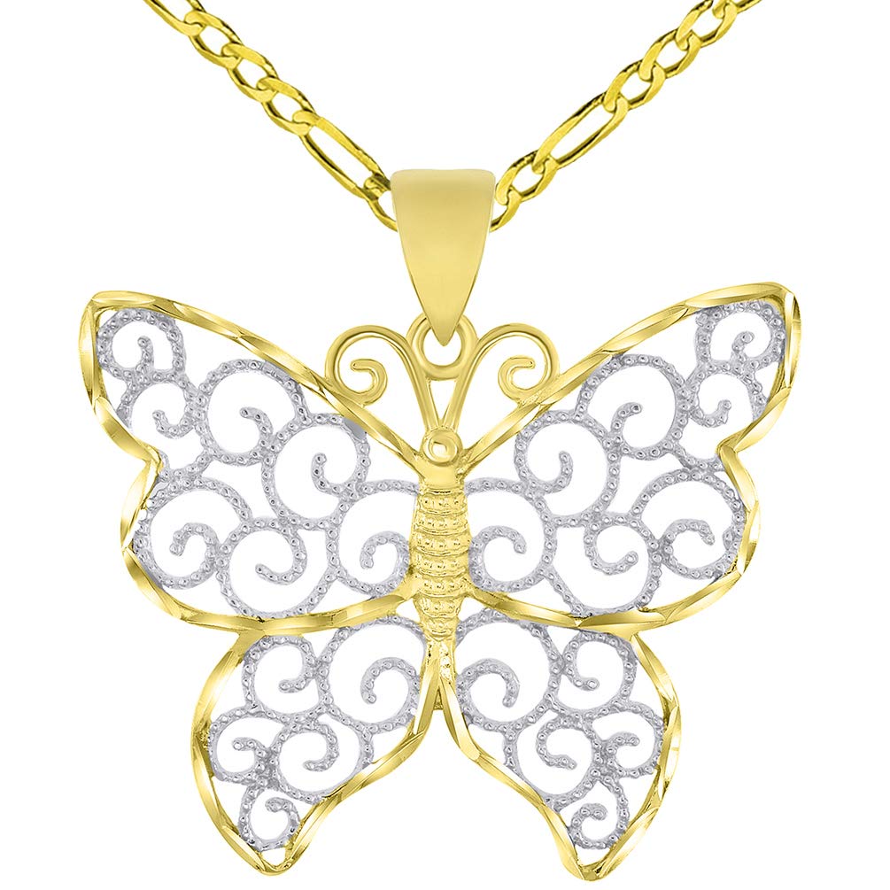 14k Yellow Gold Open Filigree Two-Tone Infinity Butterfly Pendant Figaro Chain Necklace