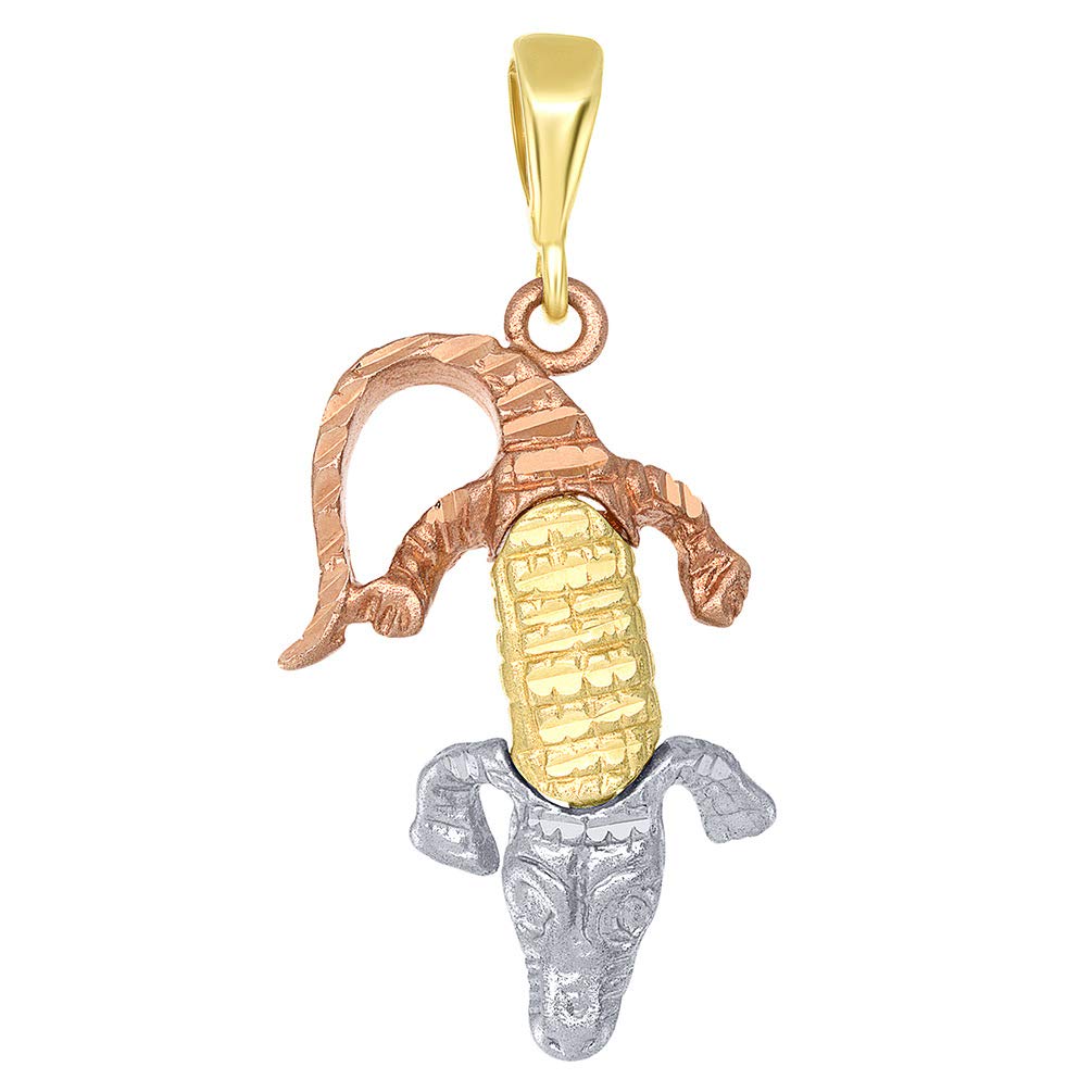 Solid 14K Tri-Color Gold Textured Dangling Crocodile Pendant