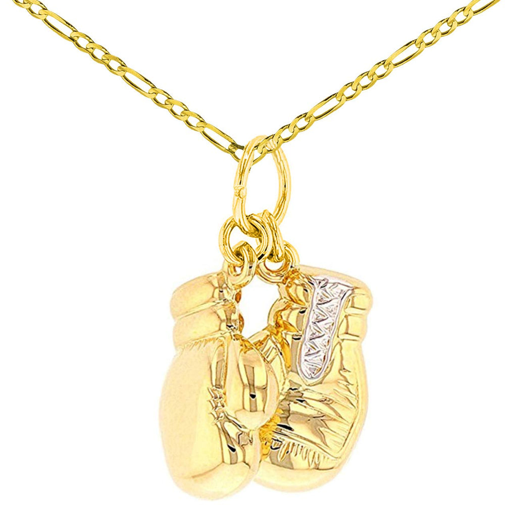14k High Polish Yellow Gold 3D Boxing Gloves Charm Sports Pendant Figaro Chain Necklace