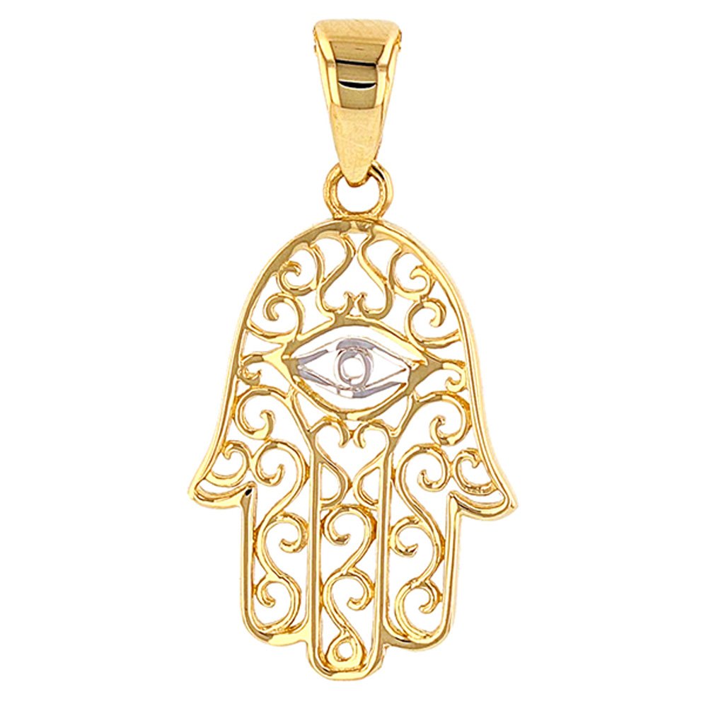 Solid 14K Gold Filigree Hamsa Hand of Fatima with Evil Eye Charm Pendant