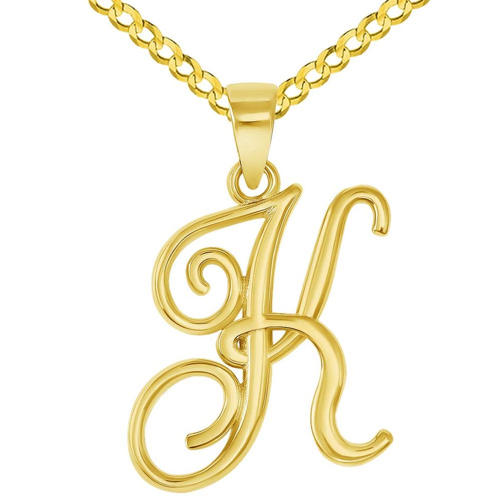 14k Yellow Gold Elegant Script Letter K Cursive Initial Pendant with Concave Cuban Link Curb Chain Necklace