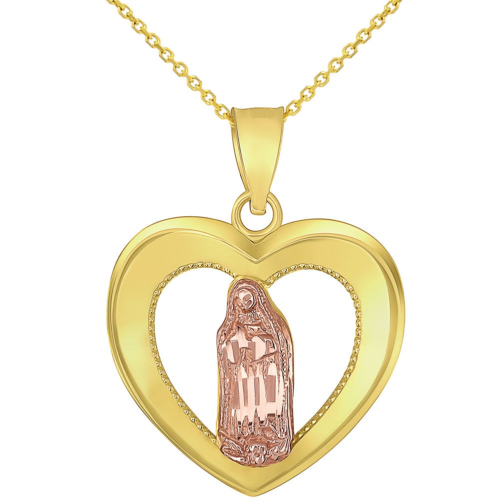 14K Yellow Gold and Rose Gold Heart Shaped Saint Virgin Mary Guadalupe Charm Pendant Necklace