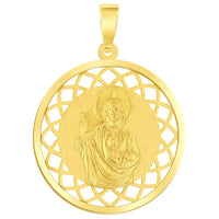 Load image into Gallery viewer, 14k Yellow Gold Round Open Ornate Miraculous Medal of Saint Jude Thaddeus the Apostle Pendant Figaro Chain Necklace
