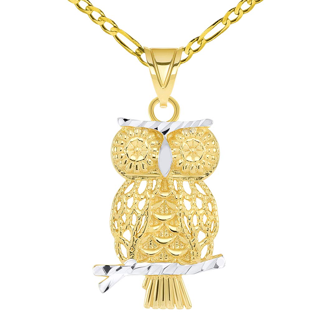 14K Yellow Gold Textured Milgrain Edged Two-Tone Owl Pendant Figaro Chain Necklace