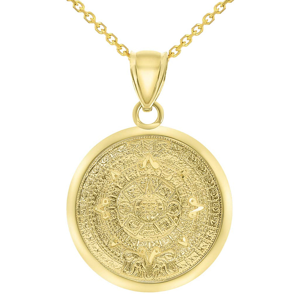 14k Yellow Gold Mayan Sun Calendar Medallion Pendant Necklace