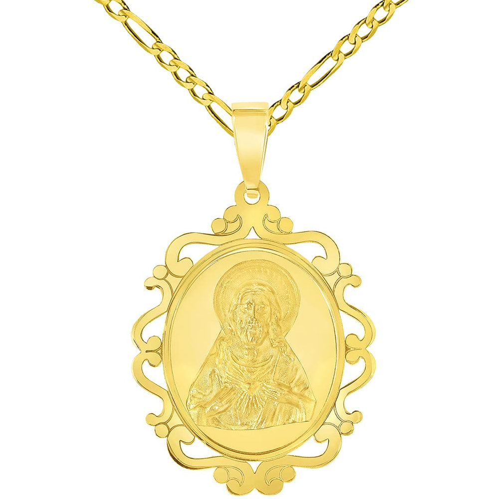 14k Yellow Gold Sacred Heart of Jesus Christ On Elegant Ornate Miraculous Medal Pendant with Figaro Chain Necklace
