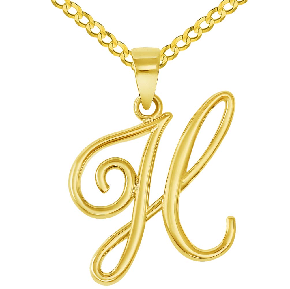 14k Yellow Gold Elegant Script Letter H Cursive Initial Pendant with Concave Cuban Link Curb Chain Necklace