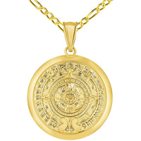 Load image into Gallery viewer, 14k Yellow Gold Aztec Mayan Sun Calendar Medallion Pendant with Figaro Chain Necklace
