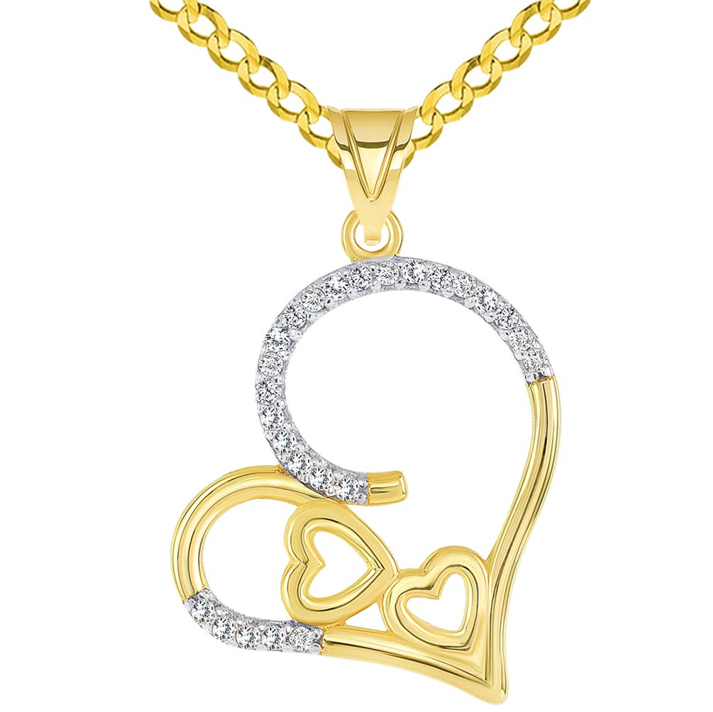14k Yellow Gold Cubic Zirconia Fancy and Elegant Three Open Hearts Pendant with Curb Chain Necklace