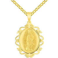 Load image into Gallery viewer, 14k Yellow Gold Elegant Ornate Miraculous Medal of Our Lady of Guadalupe Pendant with Cuban Chain Curb Necklace
