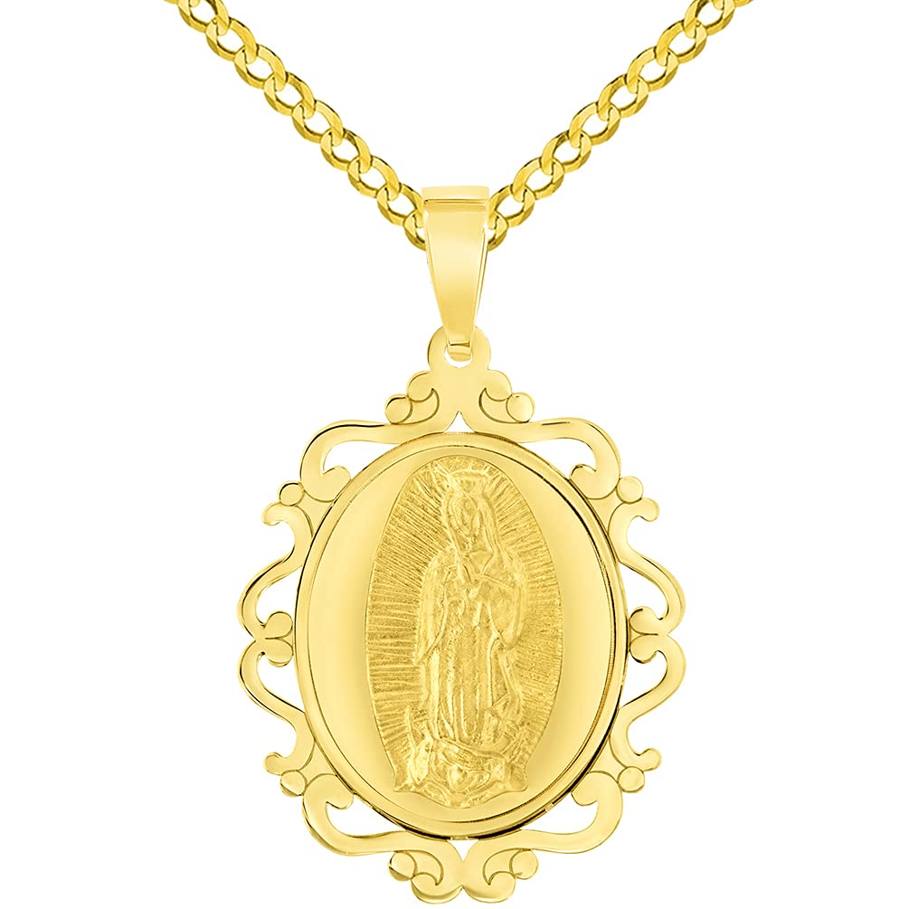 14k Yellow Gold Elegant Ornate Miraculous Medal of Our Lady of Guadalupe Pendant with Cuban Chain Curb Necklace