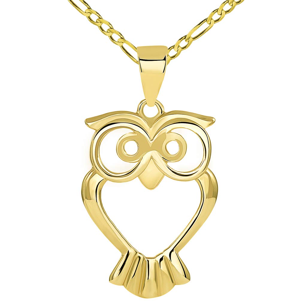 Solid 14K Gold Open Big Eyes Owl Animal Pendant with Figaro Chain Necklace - Yellow Gold