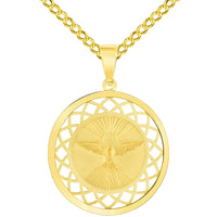 Load image into Gallery viewer, 14k Yellow Gold Holy Spirit Dove Religious Round Open Ornate Medal Pendant with Cuban Chain Curb Necklace
