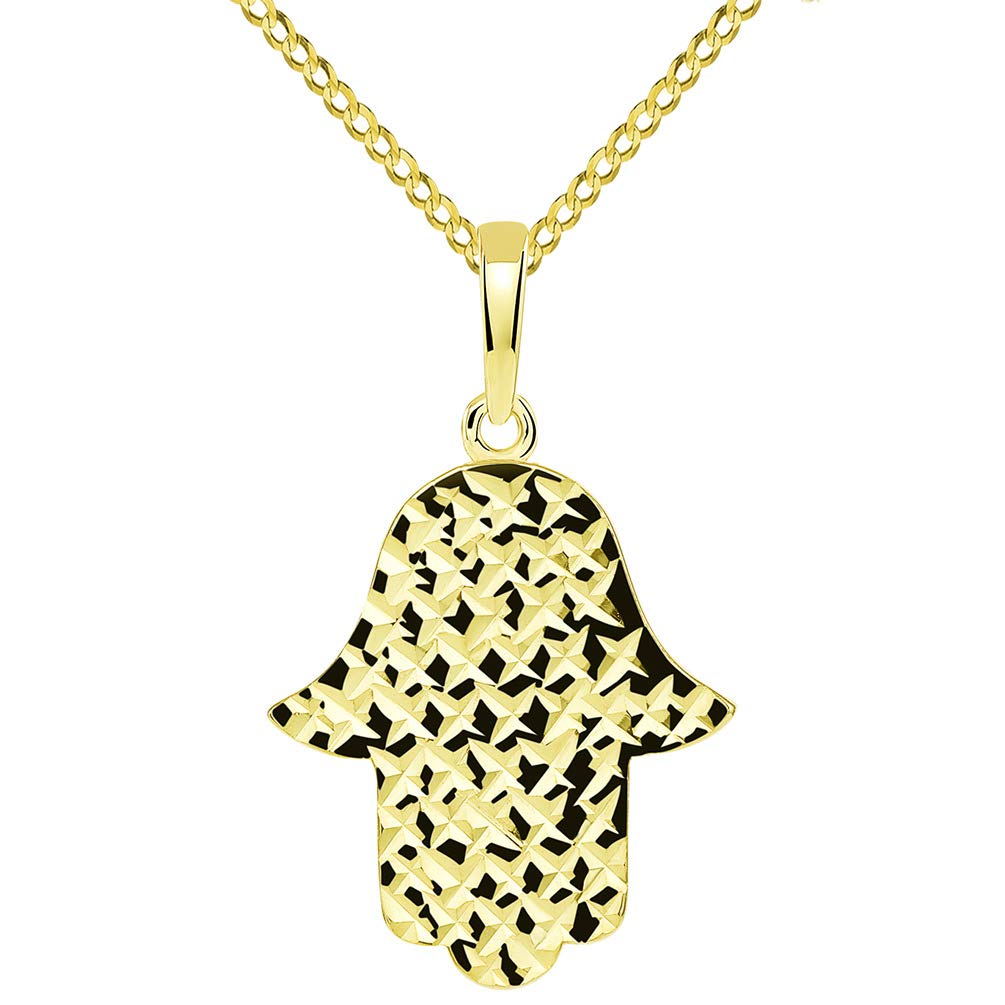 14k Yellow Gold Textured Elegant Hamsa Hand of God Pendant with Cuban Necklace