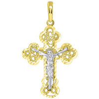 Load image into Gallery viewer, Solid 14k Two Tone Gold Filigree Eastern Orthodox Cross Crucifix Pendant Necklace
