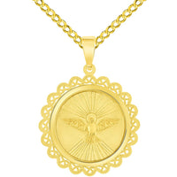 Load image into Gallery viewer, 14k Yellow Gold Holy Spirit Dove Religious Round Ornate Medal Pendant with Cuban Chain Curb Necklace
