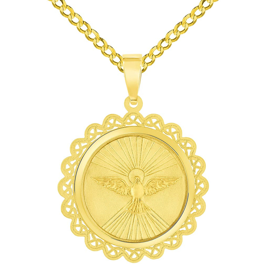 14k Yellow Gold Holy Spirit Dove Religious Round Ornate Medal Pendant with Cuban Chain Curb Necklace