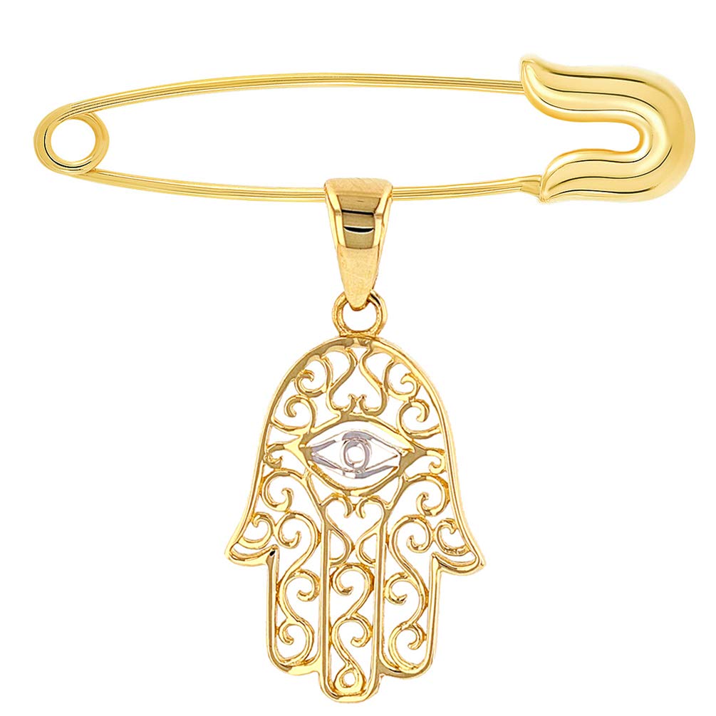 Solid 14k Gold Filigree Hamsa Hand of Fatima with Evil Eye Charm Pendant with Safety Pin Brooch