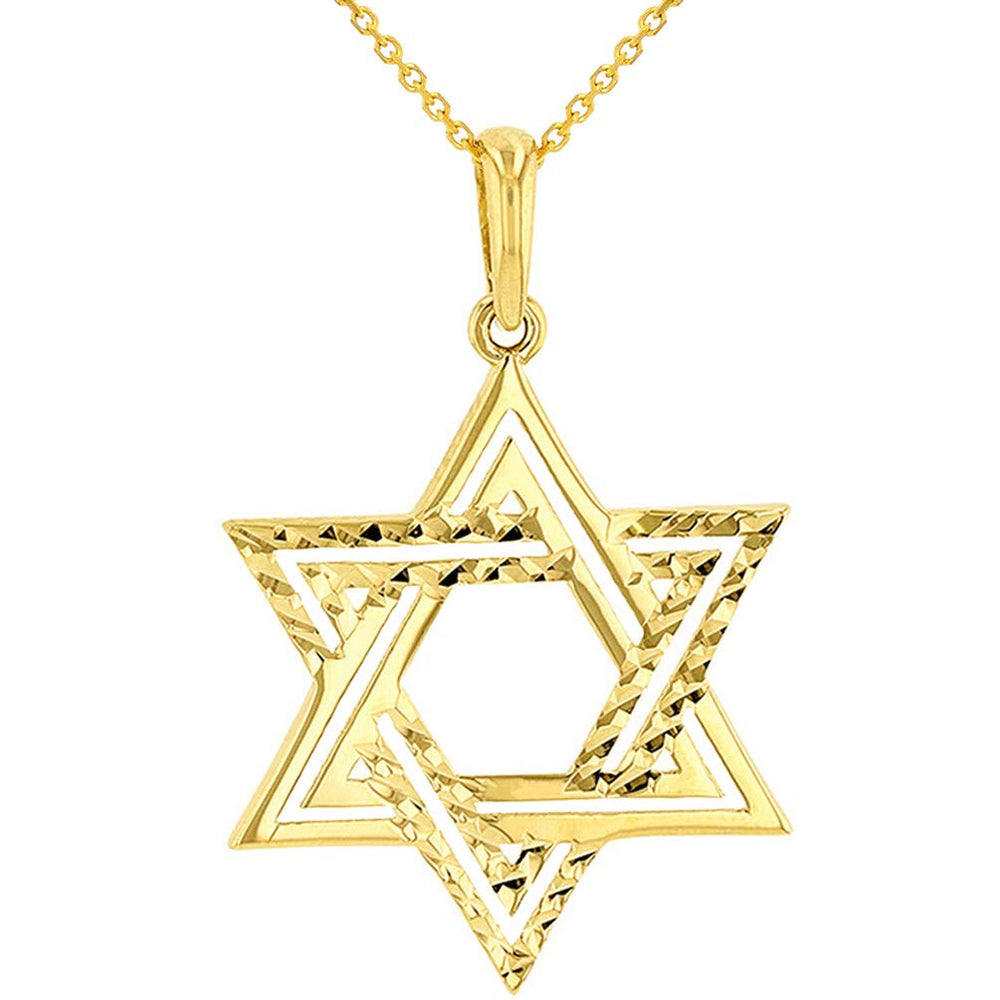 Solid 14k Yellow Gold Textured Elegant Jewish Star of David Charm Pendant Necklace