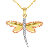 Load image into Gallery viewer, 14k Yellow Gold and Rose Gold Beaded Dragonfly Tri-Tone Pendant Necklace
