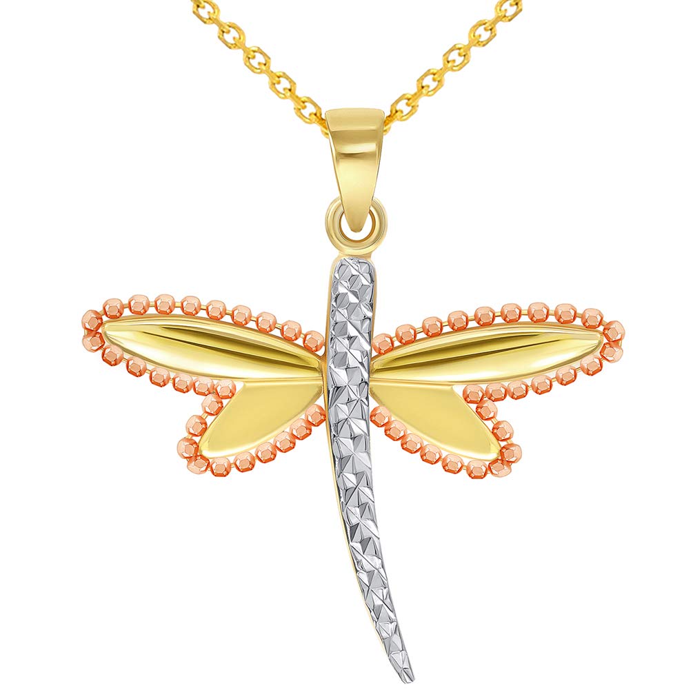 14k Yellow Gold and Rose Gold Beaded Dragonfly Tri-Tone Pendant Necklace